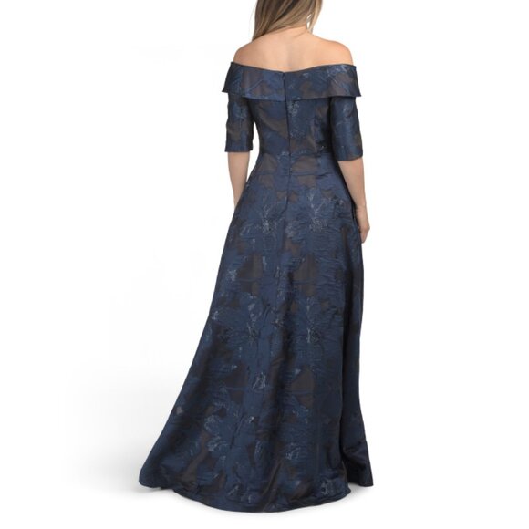 RENE BY RENE RUIZ Navy Three-quarter Sleeve Off The Shoulder Jacquard Gown - Picture 2 of 2